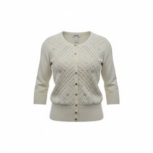White House Black Market Embellished Cardigan 3/4 Sleeve Ivory Gold Silver Sz L
